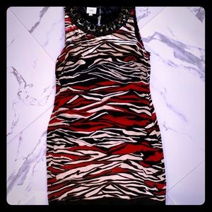 Eci Tiger Print Silk Sheath Dress w/Jewele…